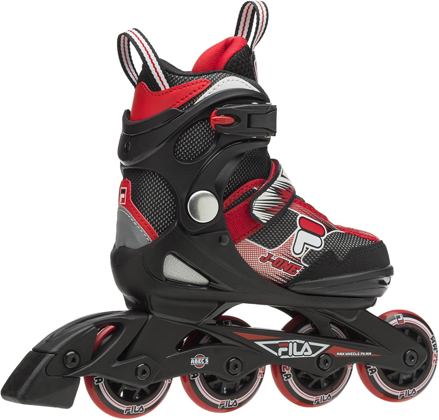 FILA Inliner für Kinder J-One, Inline-Skates 4-fach größenverstellbar, Rollerblades mit Belüftung, Rollschuhe schwarz/rot